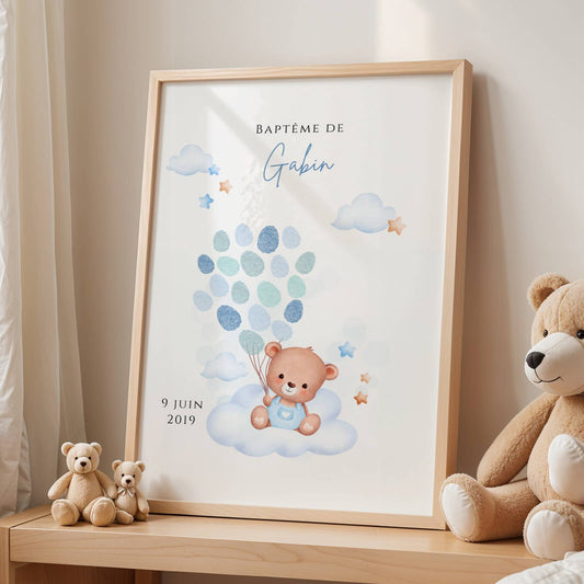 Affiche arbre à empreintes ours bleu et ballon - Déco anniversaire baptême personnalisée garçon bleu