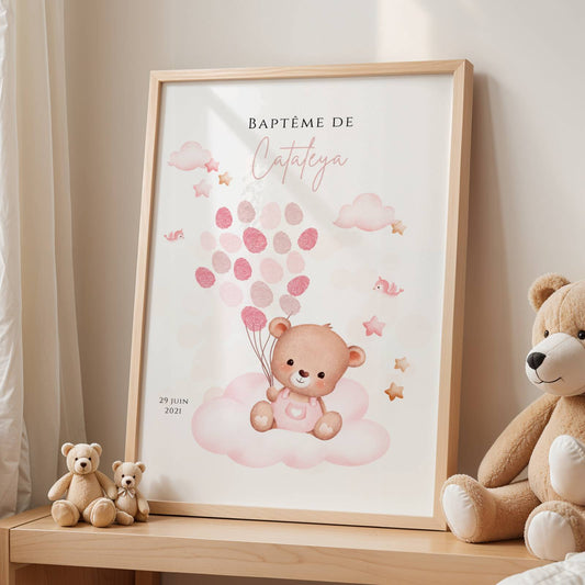 Affiche arbre à empreintes ours rose et ballon - Déco anniversaire baptême personnalisée fille rose par le Temps des Paillettes