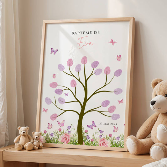 Affiche arbre à empreintes papillons - Déco anniversaire personnalisée fille rose