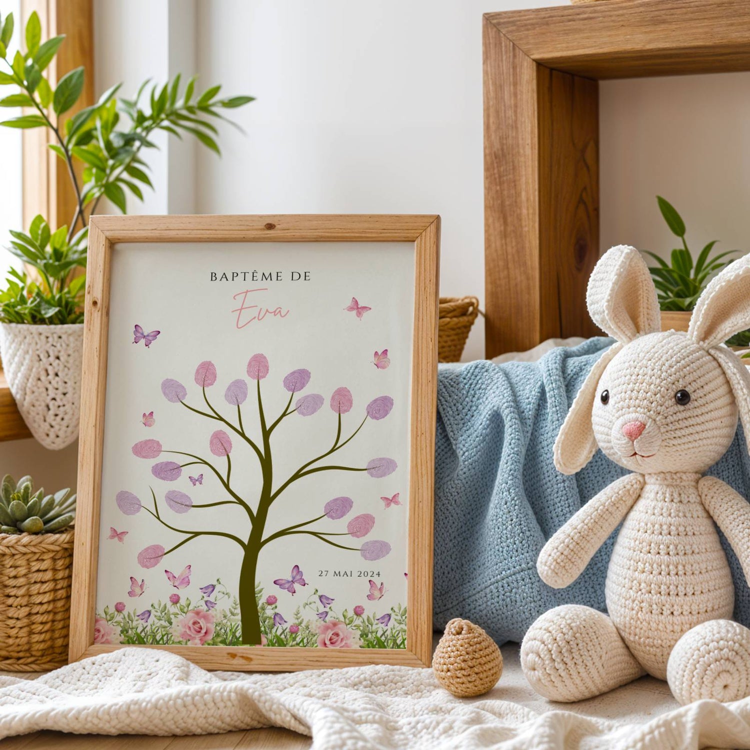 Affiche arbre à empreintes papillons - Déco anniversaire personnalisée fille rose - Image 3