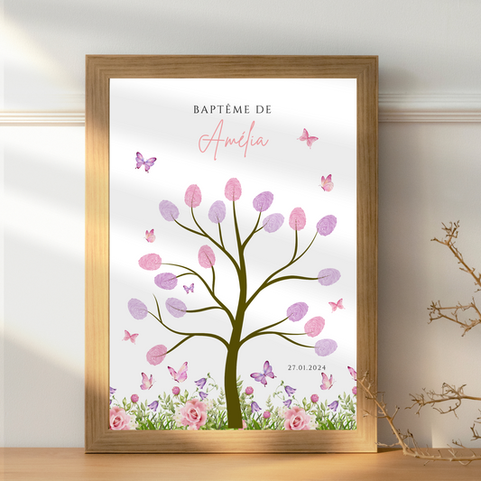 Affiche arbre à empreintes papillons - Déco anniversaire personnalisée fille rose