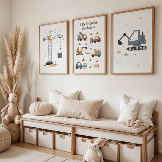 Lot 3 Affiches Chambre Garçon Engins Chantier Tractopelle Grue – Galerie Murale Prénom Cadeau Naissance Anniversaire