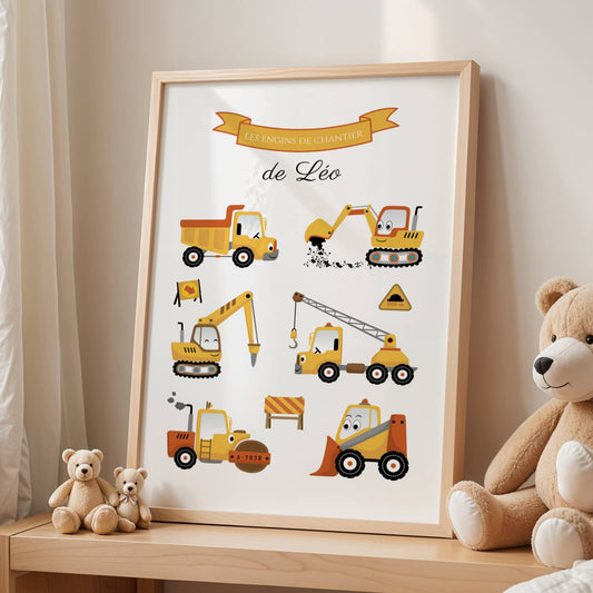 Affiche enfant engins de chantier - affiche enfant véhicules -  affiche enfant voitures  par Le Temps des Paillettes
