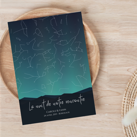 Affiche carte des étoiles personnalisée bleue - cadeau constellation pour couple