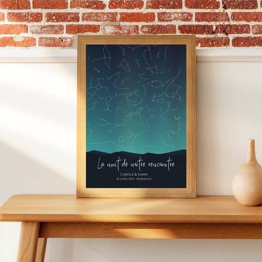 Affiche carte des étoiles personnalisée bleue - cadeau constellation pour couple