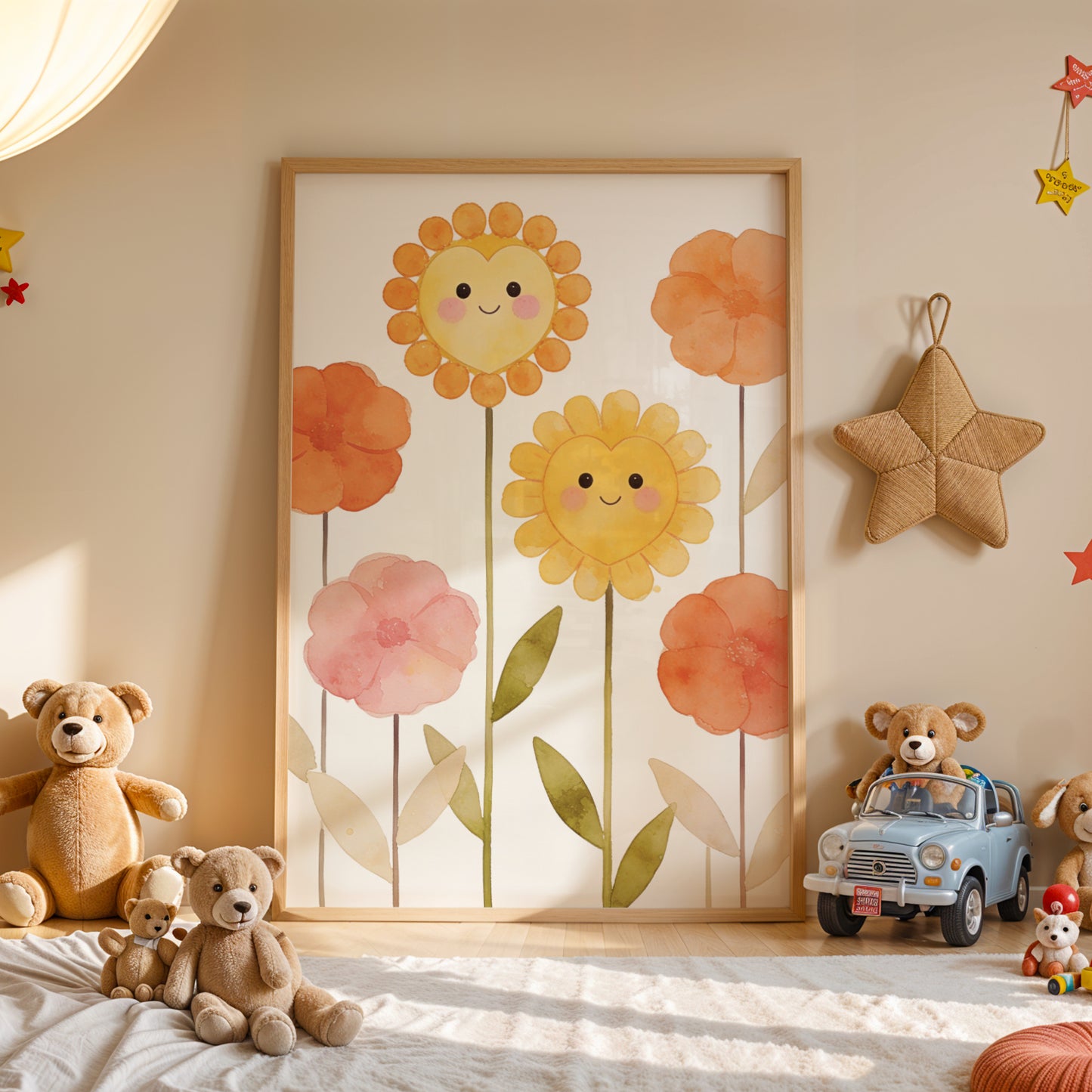 Affiches Personnalisables Chambre Bébé avec Soleil, Fleurs, Prénom et Initiale style aquarelle kawai