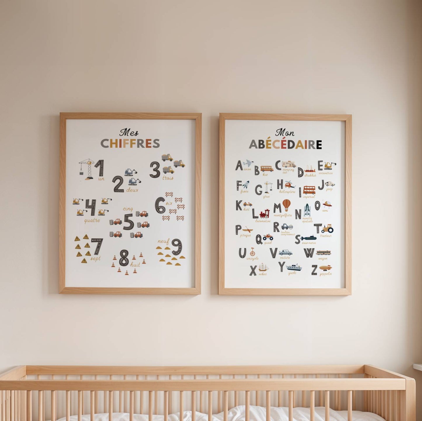 Duo d'Affiches Éducatives Chantier : Abécédaire et Chiffres pour Chambre d'Enfant