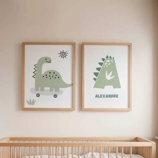 Lot 3 Affiches Chambre Garçon Dinosaure Minimaliste – Galerie Murale Personnalisée Prénom Cadeau Naissance Anniversaire