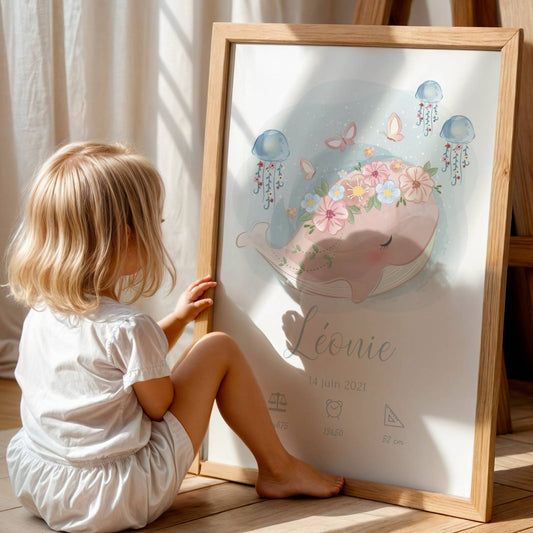 Affiche de naissance personnalisée prénom et baleine - Cadeau de naissance personnalisé
