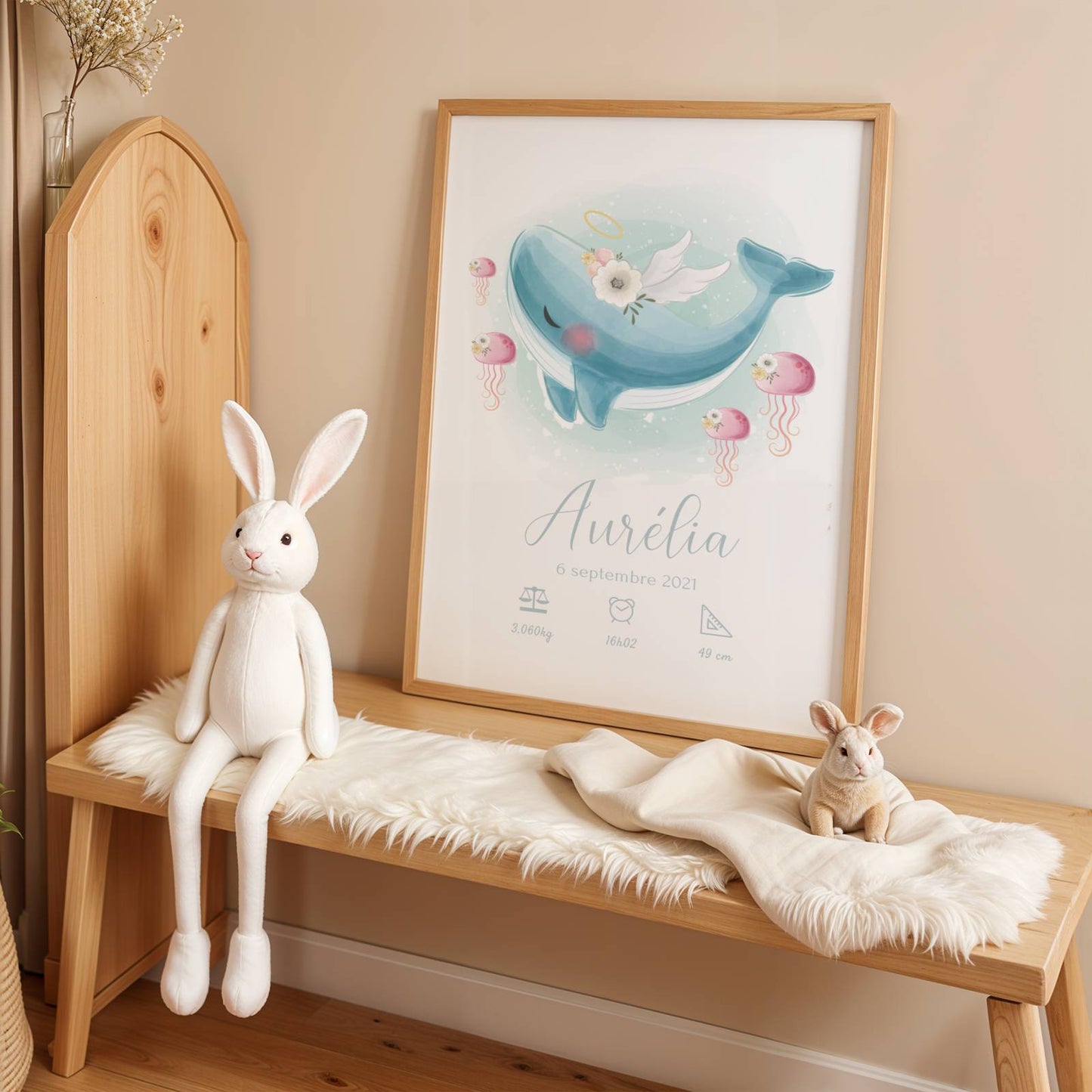 Affiche de naissance personnalisée prénom et baleine - Cadeau de naissance personnalisé