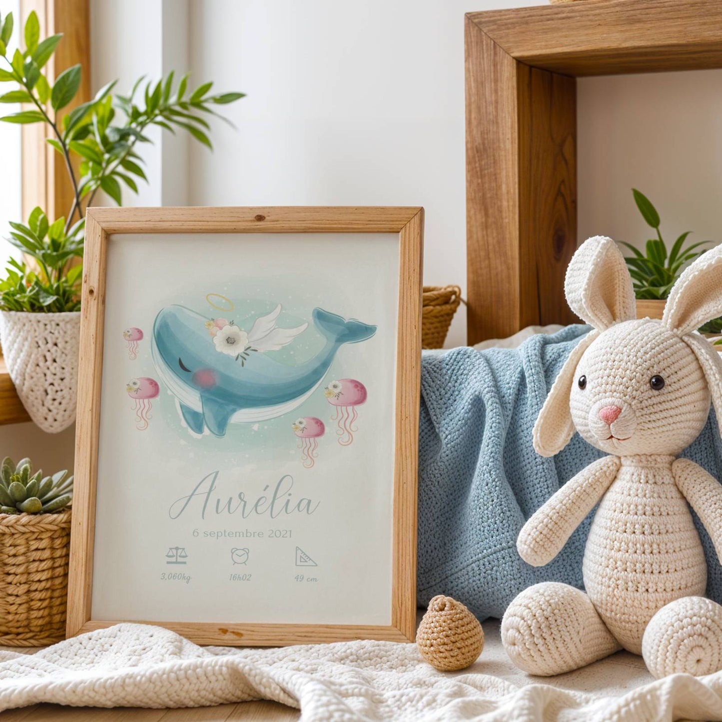 Affiche de naissance personnalisée prénom et baleine - Cadeau de naissance personnalisé