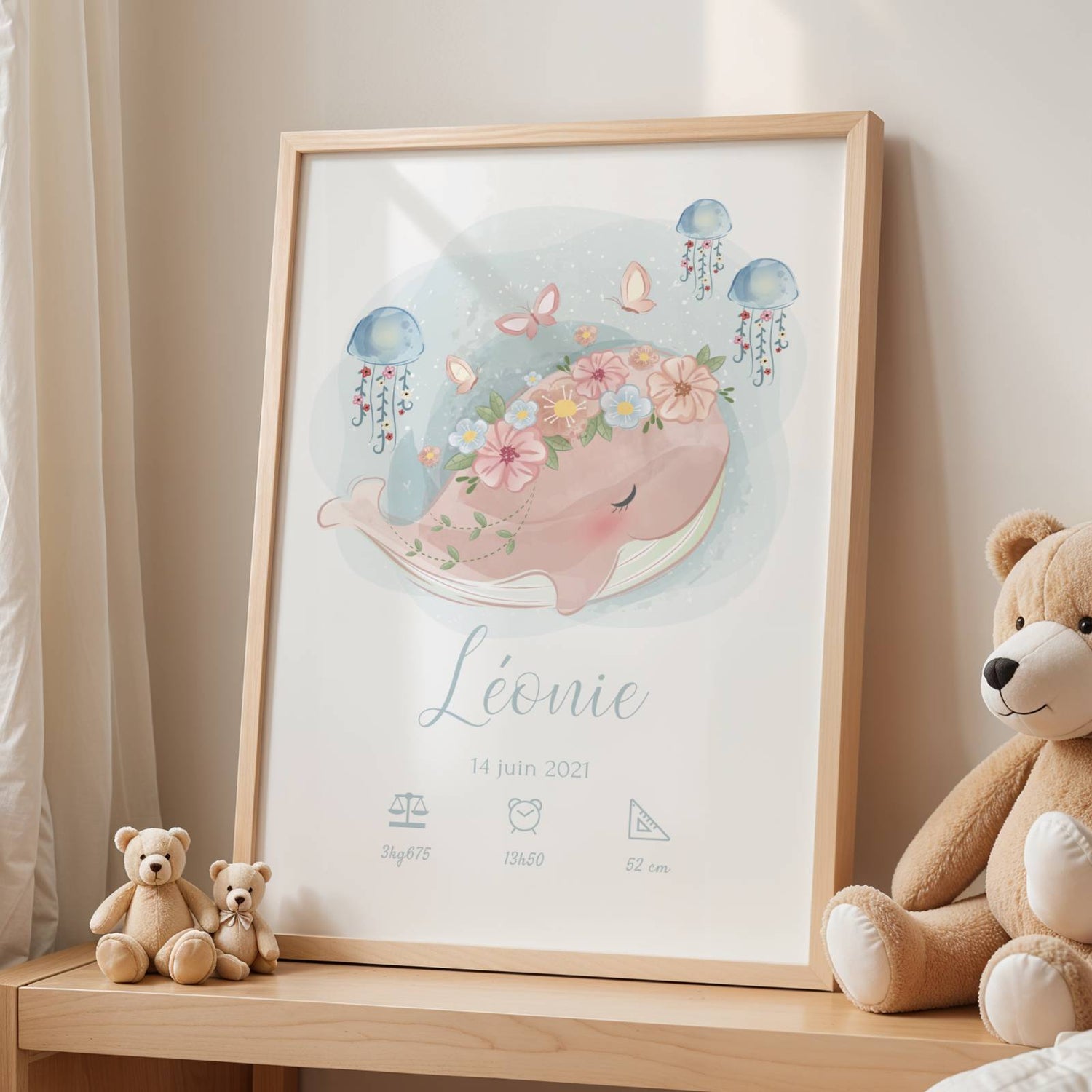 poster bébé personnalisé baleine aquarelle décoration murale chambre enfant