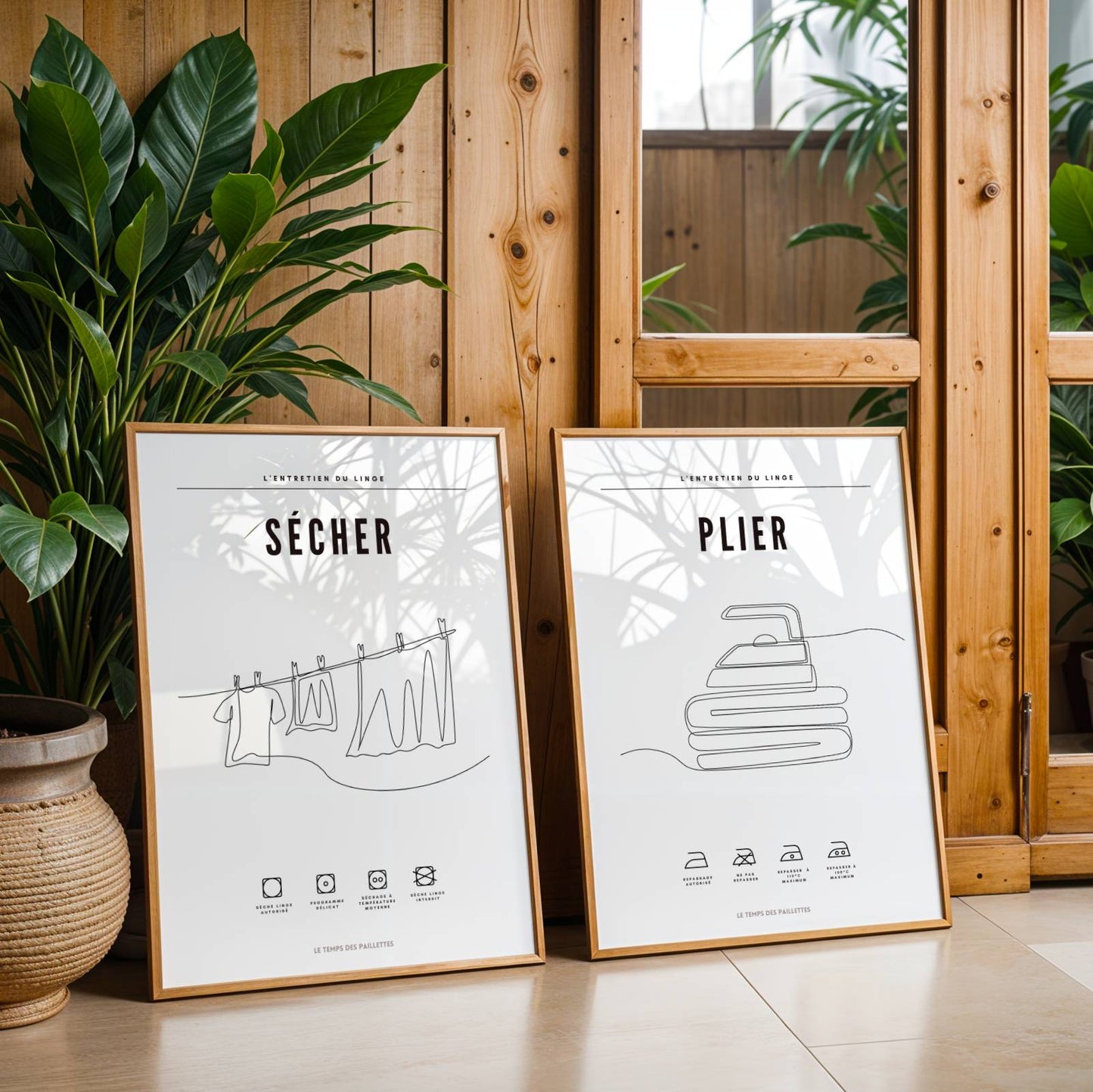 Lot de 3 affiches pour buanderie - Poster Lessive laver, sécher, plier et illustrations single line