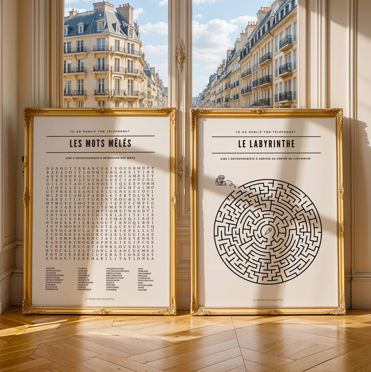 Lot de 2 affiches orthophoniste : mots mêlés et labyrinthe pour salle d'attente