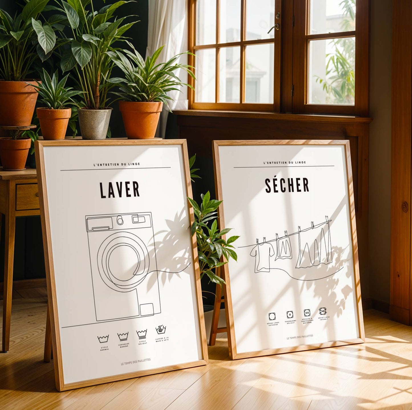 Lot de 3 affiches pour buanderie - Poster Lessive laver, sécher, plier et illustrations single line