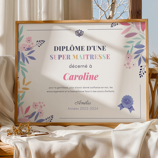 Diplôme Maîtresse Personnalisé – Cadeau Maîtresse Original Fin d'Année Scolaire à Imprimer