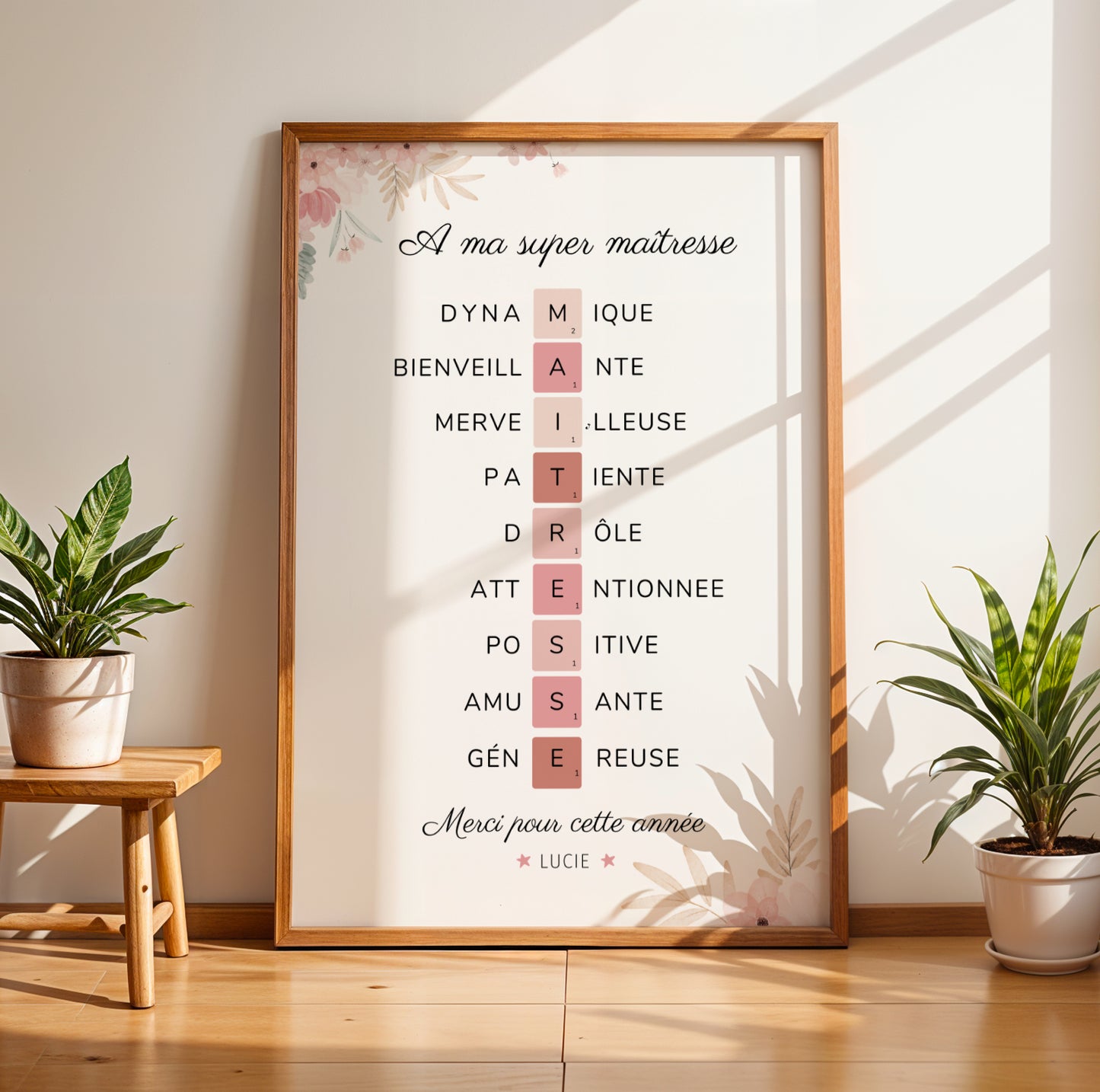 Affiche maîtresse personnalisée – Style Scrabble avec adjectifs et prénoms