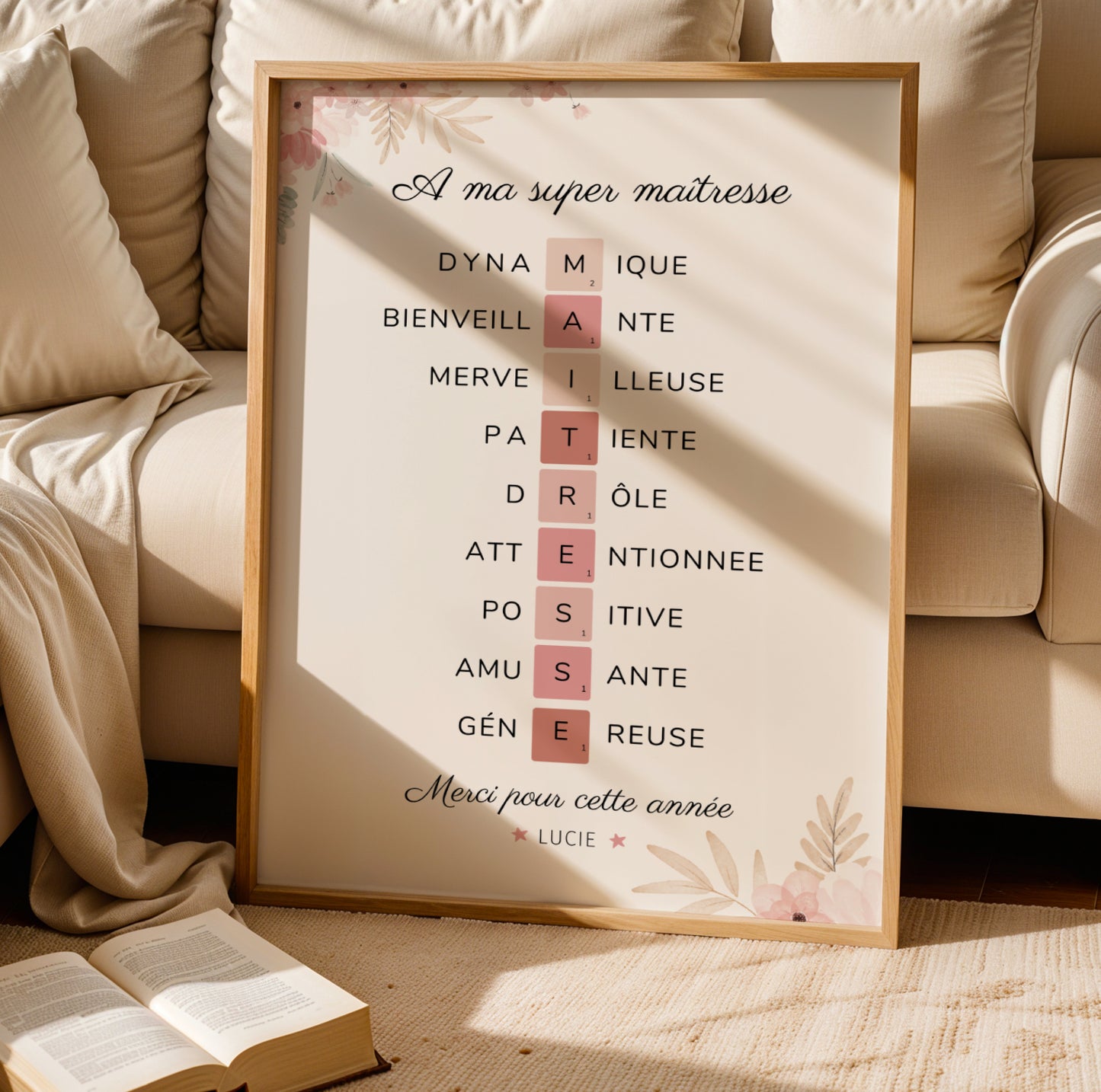 Affiche maîtresse personnalisée – Style Scrabble avec adjectifs et prénoms