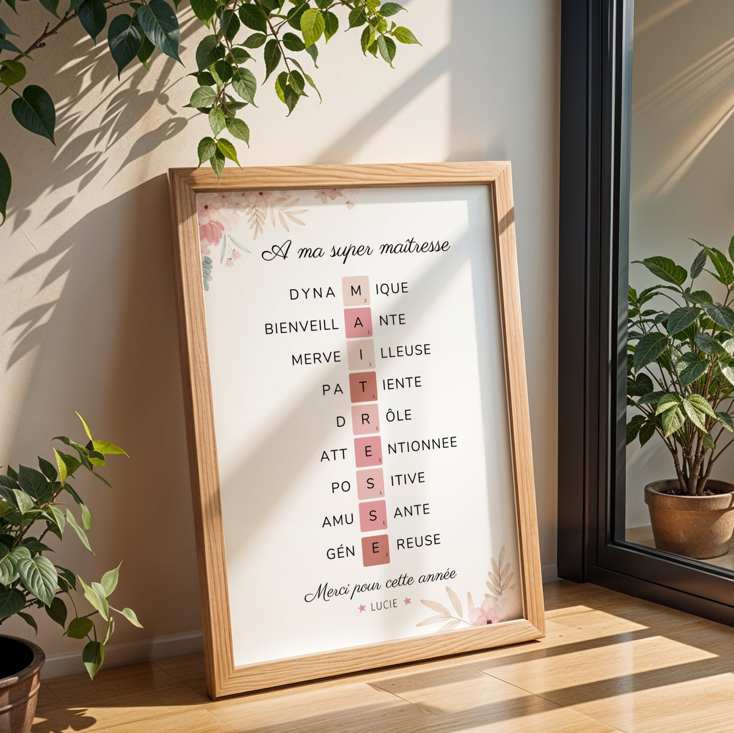 Affiche maîtresse personnalisée – Style Scrabble avec adjectifs et prénoms