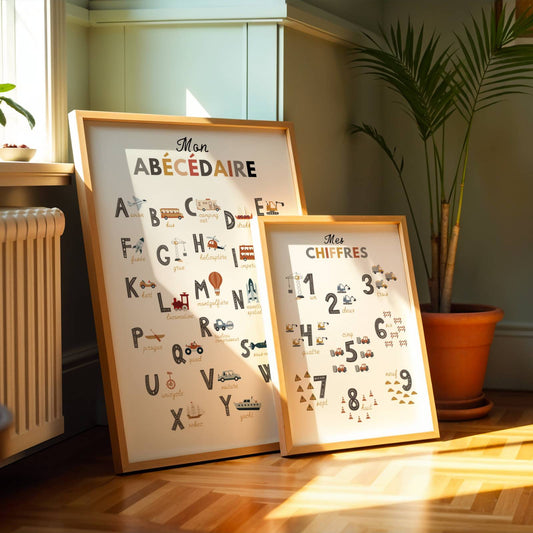 Duo d'Affiches Éducatives Chantier : Abécédaire et Chiffres pour Chambre d'Enfant