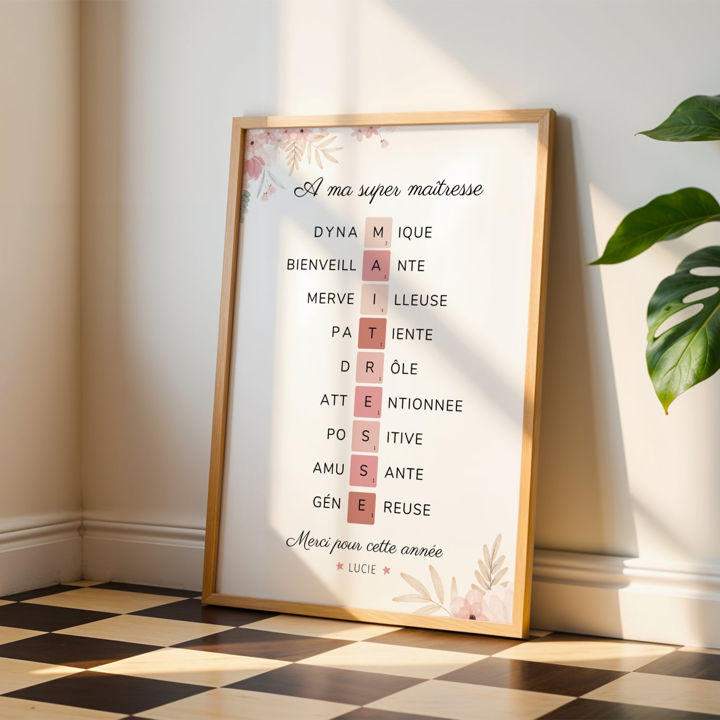 Affiche maîtresse personnalisée – Style Scrabble avec adjectifs et prénoms