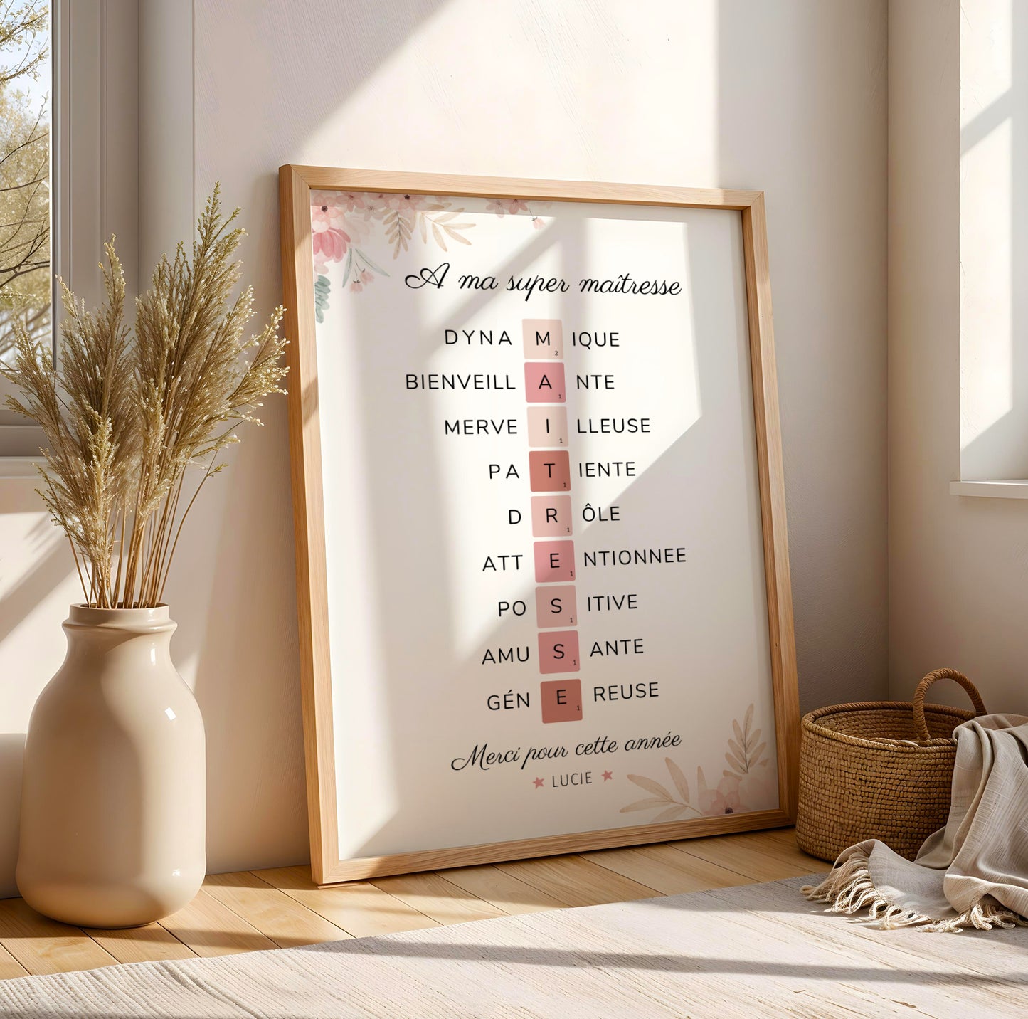 Affiche maîtresse personnalisée – Style Scrabble avec adjectifs et prénoms