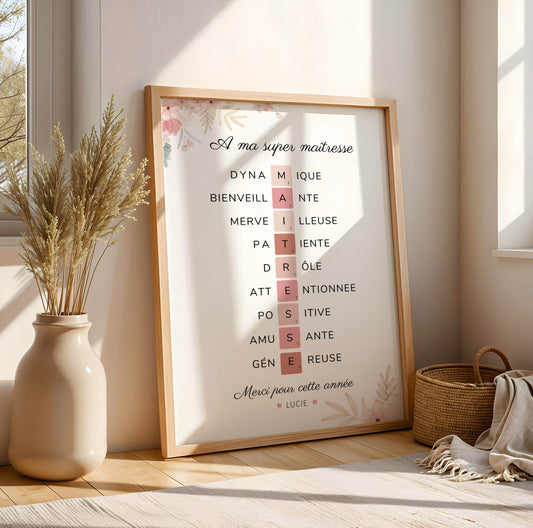 Affiche Scrabble Maîtresse Personnalisée avec Adjectifs – Cadeau Fin d'Année Scolaire
