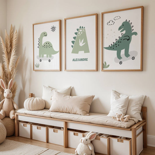 Lot 3 Affiches Chambre Garçon Dinosaure Minimaliste – Galerie Murale Personnalisée Prénom Cadeau Naissance Anniversaire