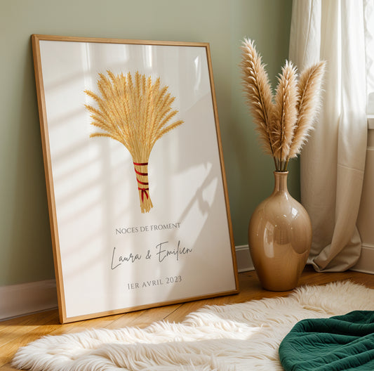 Affiche couple noce de froment  -  3 ans de mariage - affiche anniversaire de mariage  par Le Temps des Paillettes