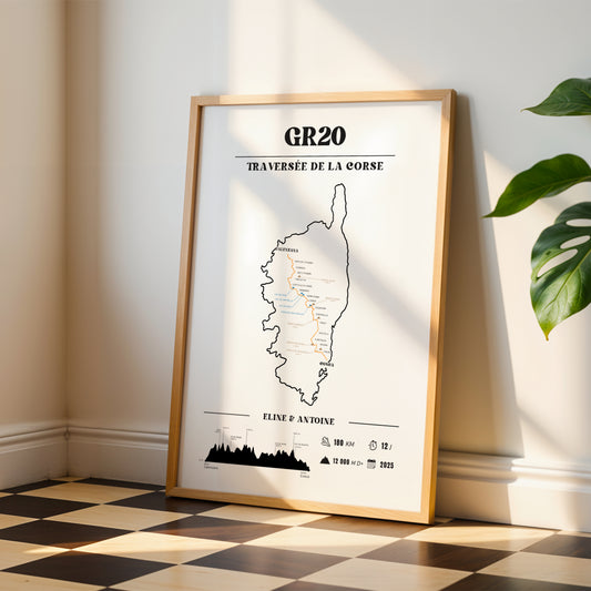 Affiche GR20 personnalisable – Souvenir de randonnée en Corse - Noir et blanc