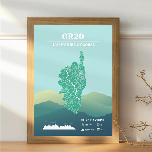Affiche GR20 personnalisable - Poster voyage vintage bleu – Souvenir de randonnée en Corse