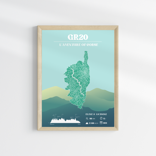 Affiche GR20 personnalisable - Poster voyage vintage bleu – Souvenir de randonnée en Corse