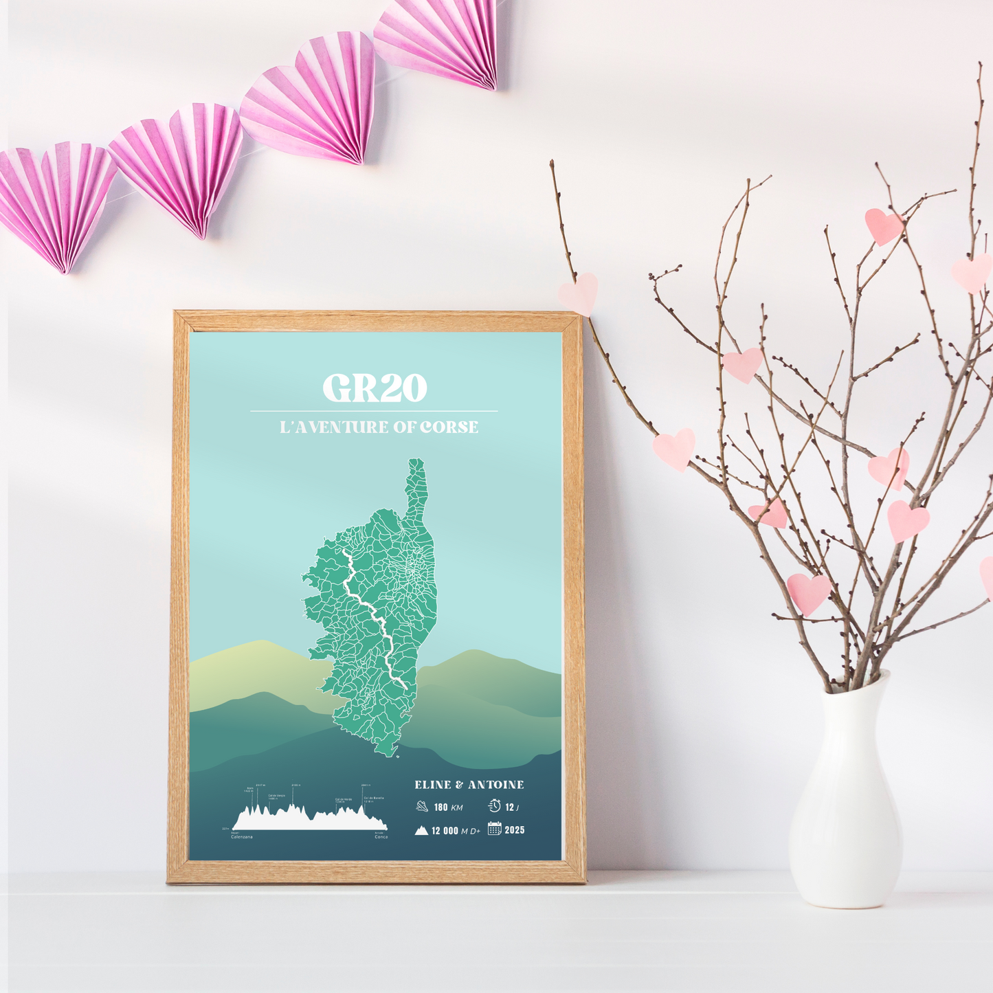 Affiche GR20 personnalisable - Poster voyage vintage bleu – Souvenir de randonnée en Corse