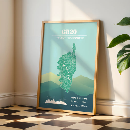 Affiche GR20 personnalisable - Poster voyage vintage bleu – Souvenir de randonnée en Corse