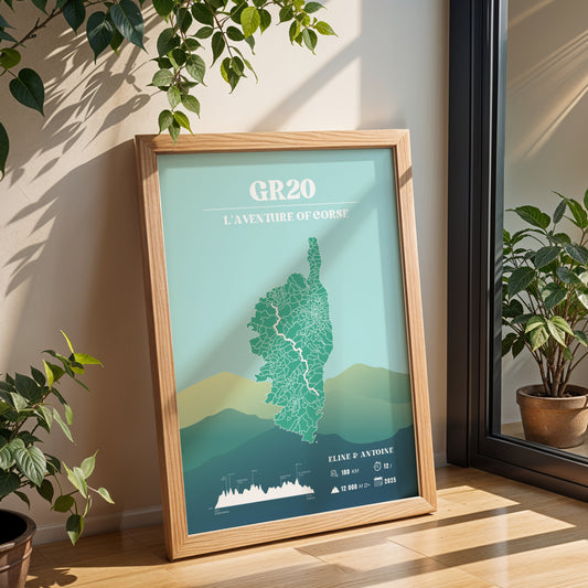 Affiche GR20 personnalisable - Poster voyage vintage bleu – Souvenir de randonnée en Corse
