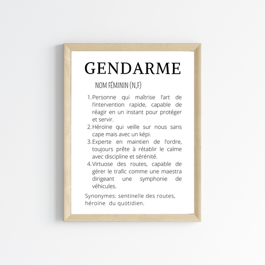 Affiche définition minimaliste Gendarme - Idée cadeau pour Gendarme