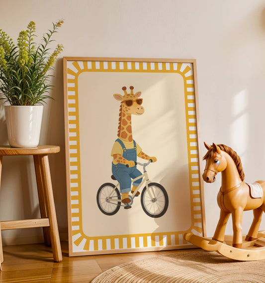 Affiche Girafe Vélo – Poster Coloré Animaux Rigolos Chambre Enfant Dopamine Decor Cadeau Naissance