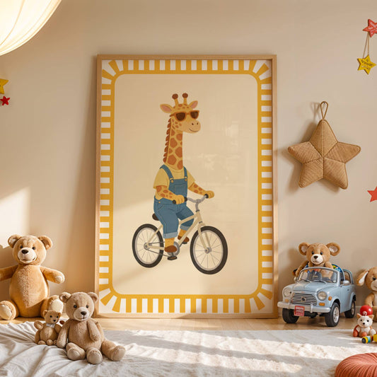 Affiche Girafe Vélo – Poster Coloré Animaux Rigolos Chambre Enfant Dopamine Decor Cadeau Naissance