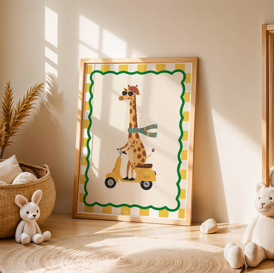 Affiche Girafe Scooter – Poster Coloré Animaux Rigolos Chambre Enfant Dopamine Decor Cadeau Naissance