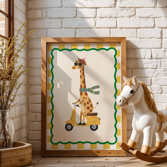 Affiche Girafe Scooter – Poster Coloré Animaux Rigolos Chambre Enfant Dopamine Decor Cadeau Naissance