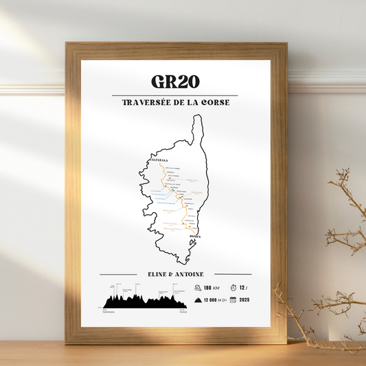 Affiche GR20 personnalisable – Souvenir de randonnée en Corse - Noir et blanc