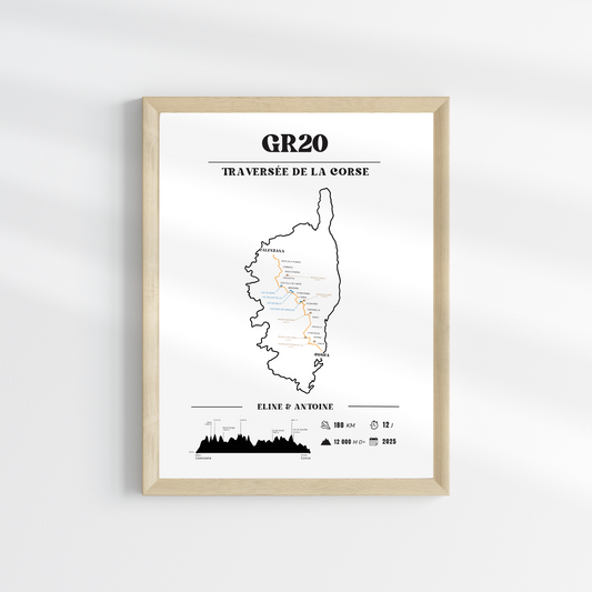 Affiche GR20 personnalisable – Souvenir de randonnée en Corse - Noir et blanc