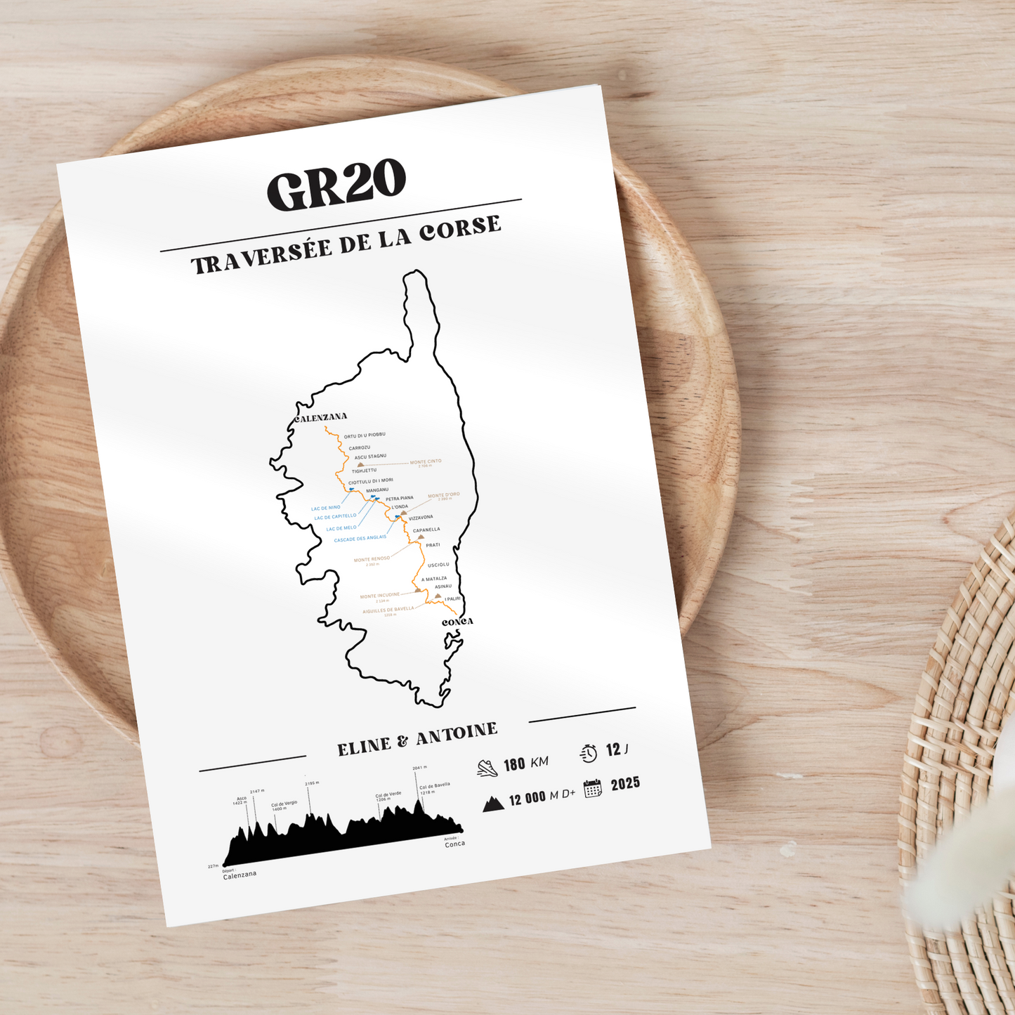 Affiche GR20 personnalisable – Souvenir de randonnée en Corse - Noir et blanc