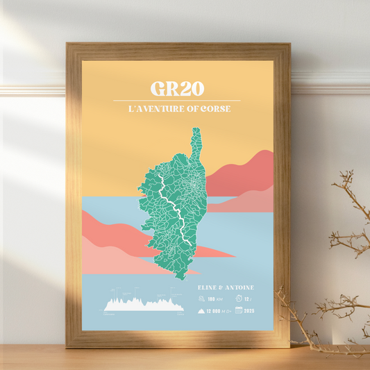 Affiche GR20 personnalisable - Poster voyage vintage coloré – Souvenir de randonnée en Corse (Copie)
