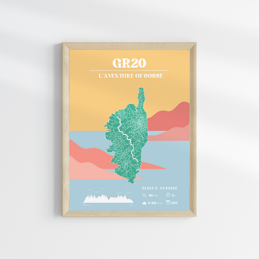 Affiche GR20 personnalisable - Poster voyage vintage coloré – Souvenir de randonnée en Corse (Copie)
