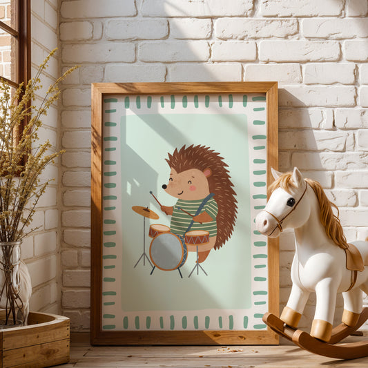Affiche Hérisson Batterie – Poster Coloré Animaux Musiciens Chambre Enfant Dopamine Decor Cadeau Naissance