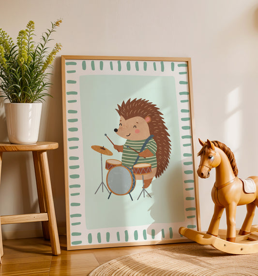 Affiche Hérisson Batterie – Poster Coloré Animaux Musiciens Chambre Enfant Dopamine Decor Cadeau Naissance