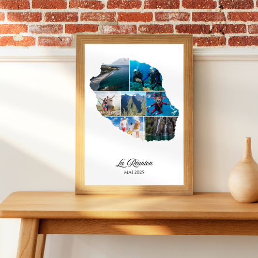 Affiche photos collage Île de la Réunion personnalisée  – Carte & collage photo souvenir