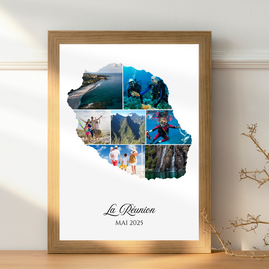 Affiche photos collage Île de la Réunion personnalisée – Carte & collage photo souvenir