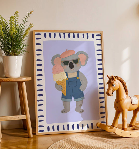 Affiche Koala Glace – Poster Coloré Animaux Gourmands Chambre Enfant Dopamine Decor Cadeau Naissance
